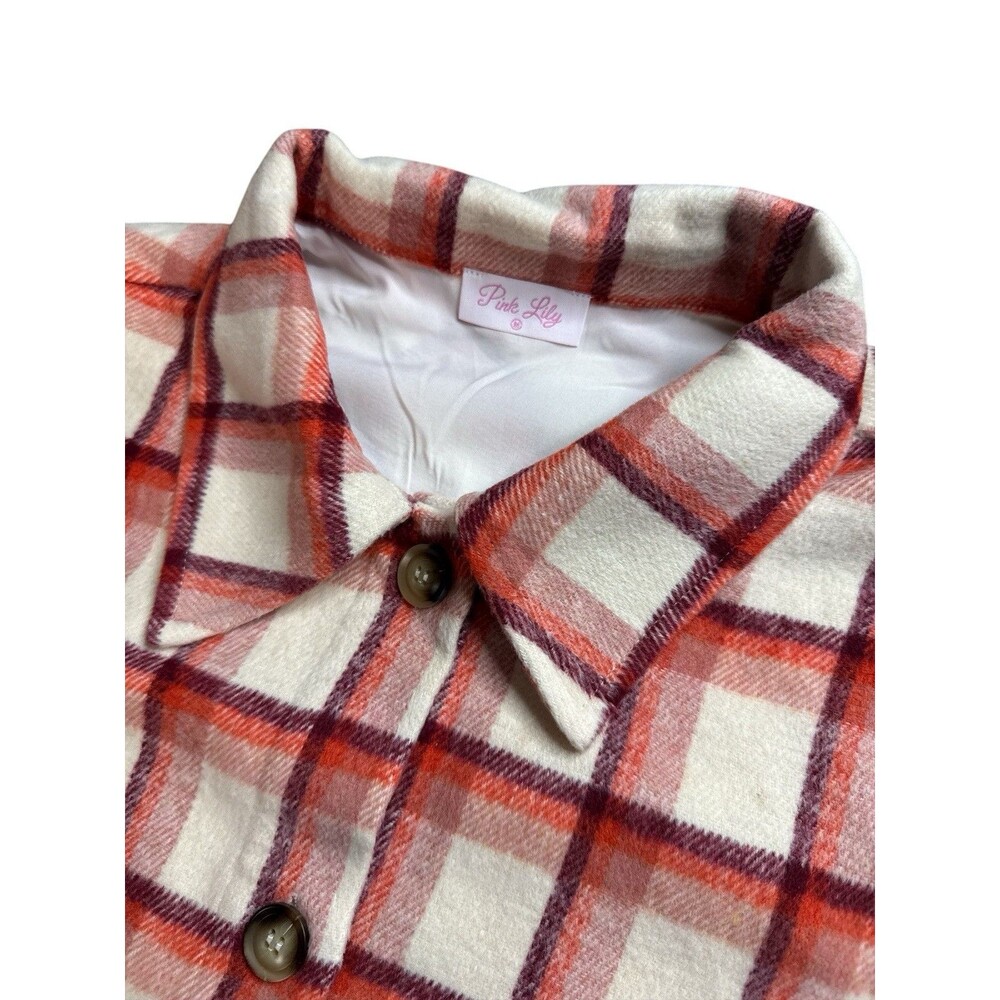 Cream Burgundy Plaid Shacket Flannel Button Front Long Sleeve Medium Streetwear - Picture 3 of 9